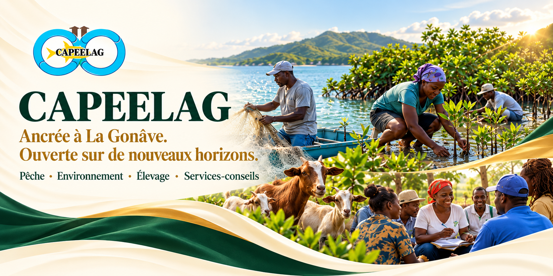 Illustration de la vision de CAPEELAG réunissant pêche, mangroves, chèvres et collaboration, avec le logo et le message Ancrée à La Gonâve, ouverte sur de nouveaux horizons