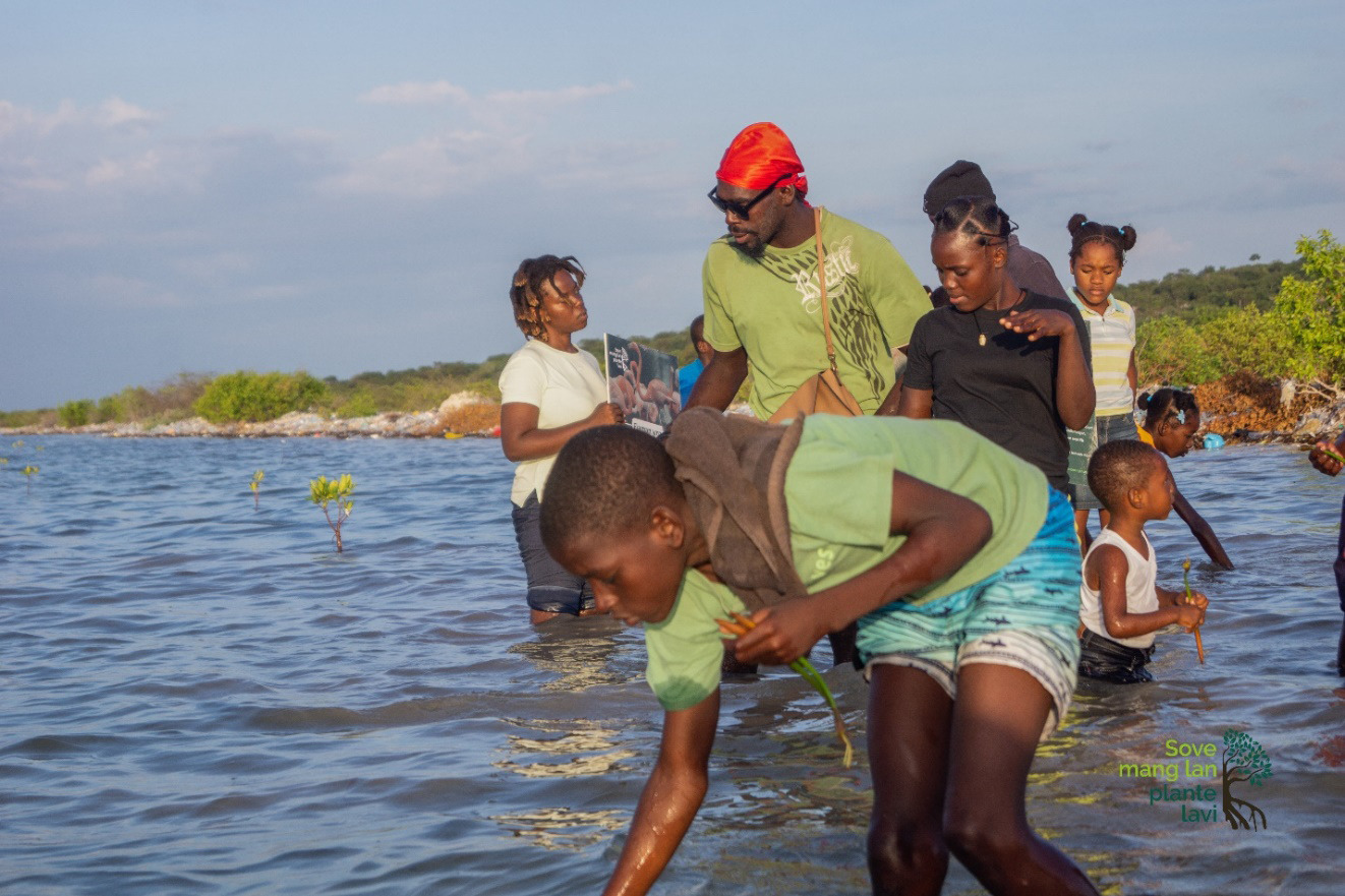 Adultes et enfants plantant des mangroves lors d’un konbit organisé par CAPEELAG